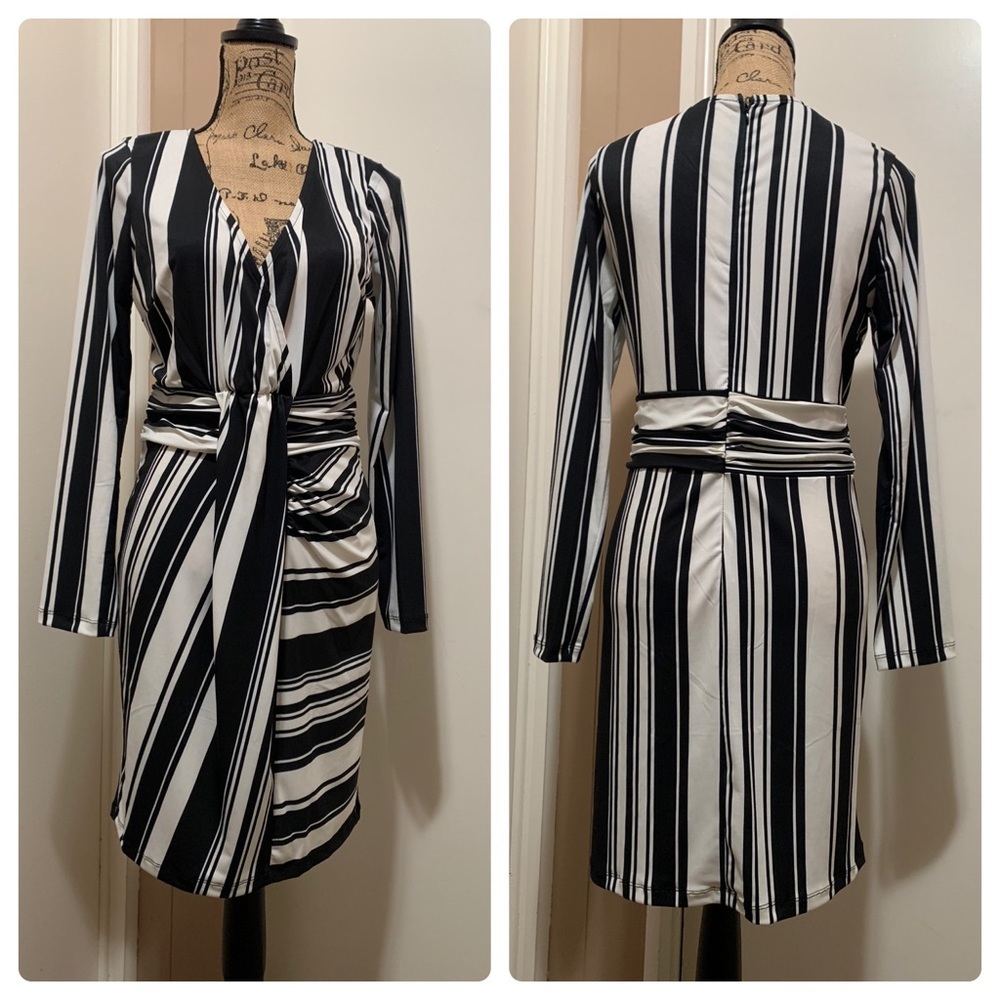 VENUS BLACK & WHITE ALTERNATING STRIPE FAUX WRAP